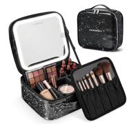 Fanwoli Makeup Bag with LED Mirror - Portable Backstage Vanity Station for Competitions, Lighted Cosmetic Case for Stage Performance, 3 Light Modes, Adjustable Dividers,Type-C Rechargeable (Black)