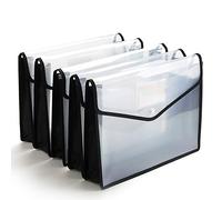 FANWU Plastic File Folder Poly Envelope Expanding File Wallet Document Folder with Snap Button Closure, B4 / A4 Size, 5 Pack Large Waterproof Accordion File Pouch (Transparent&Black)