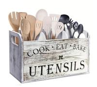 Fanxinzttc Large Kitchen Utensil Holder with 3 Compartments, Wooden Storage Utensil Organizer for Kitchen Countertop, Farmhouse Decor (White)