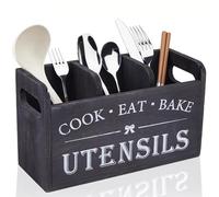 Fanxinzttc Large Kitchen Utensil Holder with 3 Compartments, Wooden Storage Utensil Organizer for Kitchen Countertop, Farmhouse Decor (Black)