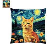 Fanxvivy Pillow Needlepoint Kit for Beginner Stamped Crossstitching Kits for Adults 11CT Prestamped Cross Stitching Easy Pattern Stitches Kit-Van Gogh Starry Cat 18x18 inch