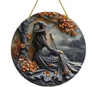 Fanyil/Graddi/Vianys Witching Hour, Witching Hour Halloween Witch Wreath for Front Door,Halloween Hanging Door Sign,Wooden Wall Signs Decor,2D Wooden Round Witches Sign Halloween Decoration (B-11.8in)