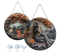 Fanyil/Pubyfun/Glosrity/Sherum/Olygee Witch Doorplate, Witching Hour Halloween for Door Way Hanging Decor, 2D Wooden Witch Theme Decoration, Halloween Round Witches Sign with Hook(2pcs-b,11.81")