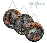Fanyil/Pubyfun/Glosrity/Sherum/Olygee Witch Doorplate, Witching Hour Halloween for Door Way Hanging Decor, 2D Wooden Witch Theme Decoration, Halloween Round Witches Sign with Hook(3pcs-a,11.81")