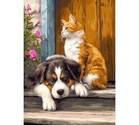 FanZheZhe 11Ct Cross Stitch Kits，Count Counted Stamped Pre Printed Cross Stitch Embroidery Kits for Adults Beginners Starter Advanced Easy Crossstitch Cats and Dogs in Front of The Door 11Ct40X50Cm