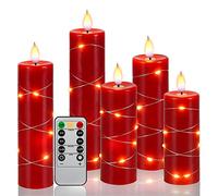 Fanzir Red Flameless Candle with Remote Control LED Candle with String Lights Battery Powered Flameless Candle 13 14 16 18 20cm Candles of 5 Pcs