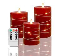 Fanzir Red flameless Candles with Remote Control Timer Battery Operated LED Pillar Candles 4‘’ 5‘’ 6‘’ Fake Candles with String Lights Set of 3 for Christmas or Special Festivals Decorations