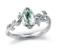 FANZNSM Natural Moss Agate Ring For Women Sterling Silver Pear Green Moss Agate Engagement Ring Jewelry For Women(10)