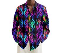 Faonkeew Hawaiian Shirt Men's Long Sleeve 70s Shirt Fancy Dress Costumes V Neck Button Placket Colourful Shirts with Colourful Pattern Summer 60s Outfit New Year's Eve Shirt with Button Down Carnival
