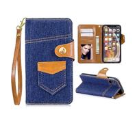 FAOONNMY Case for iPhone 14 Plus, Creative Denim Flip Wallet Protective Case with Stand Function & Card Slots & Wrist Strap, Fashion Magnetic Closure Cover Shockproof for Dark Blue iPhone 14 Plus