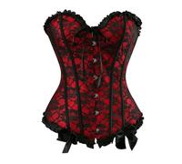 FaosTEQ black corset Women Corsets Floral Trim Lace Up Overbust Corset Waist Cincher Vintage Bustier-Red-S