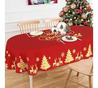 Faptoena Christmas Oval Tablecloth 60 x 120 inch Red Table Cloth Golden Deer Xmas Tree Table Covers Christmas Decoration for Dining Room Home Decor for Holiday