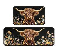 Faptoena Highland Cow Kitchen Rugs Set of 2, Floral Kitchen Mats for Floor, Non-Slip Washable Sink Mats Home Decor, 17x30 inch Doormat+17x47 inch Runner Rug