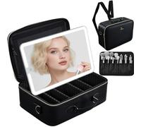 Faquenc Large Makeup Bag with LED Mirror,Travel Cosmetic Train Case for Makeup Artists,Makeup Organizer Case with Divider Rechargeable Vanity Mirror with 3 Color Lights for Barber,MUA,Nail Tech, Black