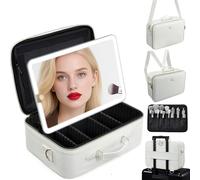 Faquenc Large Makeup Bag with LED Mirror,Travel Cosmetic Train Case for Makeup Artists,Makeup Organizer Case with Divider Rechargeable Vanity Mirror with 3 Color Lights for Barber,MUA,Nail Tech, Beige