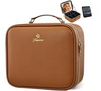 Faquenc Makeup Bag with LED Lighted Mirror 10.2-in Travel Makeup Bag Train Case Adjustable Brightness in 3 Colors Cosmetic Organizer Case Artist Storage Bag with Dividers Brush Holder Bag Vanity Brown
