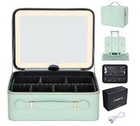 Faquenc Makeup Case with Light Up Mirror Travel Makeup Bag with Led Mirror Portable Cosmetic Case with Brush Holder Dividers, Watery Blue 11.4 Inch