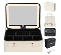 Faquenc Makeup Case with Light Up Mirror Travel Makeup Bag with Led Mirror Portable Cosmetic Case with Brush Holder Dividers, 11.4 Inch White