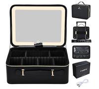 Faquenc Makeup Case with Light Up Mirror Travel Makeup Bag with Led Mirror Portable Cosmetic Case with Brush Holder Dividers, 11.4 Inch Black