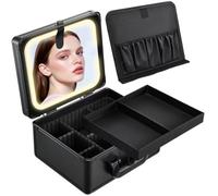 Faquenc Makeup Case with Lighted Vanity Mirror, Makeup Organizer Box Travel Make up Case with LED Mirror Portable Cosmetic Train Case for Countertop Lockable Makeup Suitcase with Adjustable Dividers