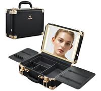 Faquenc Makeup Train Cases with Light Up Mirror 3 Color Setting, Lighted Makeup Case Organizer with Detachable Tray, Travel Makeup Box with Light for Make up Tools Storage, Black Moutain Shadow