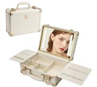 Faquenc Makeup Train Cases with Light Up Mirror 3 Color Setting, Lighted Makeup Case Organizer with Detachable Tray, Travel Makeup Box with Light for Make up Tools Storage, Beige Vegan Leather, 11.8