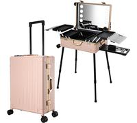 Faquenc Rolling Makeup Case with lighted mirror, Cosmetology Case on Wheels with LED Mirror