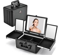 Faquenc Travel Makeup Bag with LED Mirror, Cosmetic Train Case with Light up Mirror, Artist Portable Makeup Organizer Bag with Adjustable Dividers, Fold-Out Trays for Jewelry Storage, Black