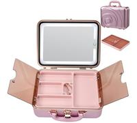 Faquenc Travel Makeup Case with LED Lighted Mirror 12 Inch Portable Makeup Box Organizer Adjustable Brightness in 3 Colors Cosmetic Storage Case with Dividers Hard Aluminum Shell Vanity Box Pink