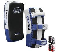 Farabi Sports Muay Thai Pad for Coaching, Training, Kickboxing Curved Kick pad, Thai Pads Strike Shield MMA Muay Thai Pads (White/Blue (Pair))