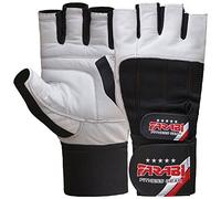 Farabi Weight Lifting Gym training Gloves Real Leather with 4 Way Stretch Mesh Spandex Hook & Loop Closure (Black-White, Medium)