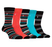 Farah - Mens 5 Pack Natural Organic Bamboo Bright Striped Patterned Socks (6-11, Black/Red)