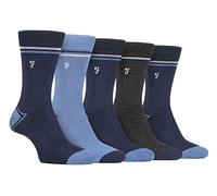Farah - Mens 5 Pack Natural Organic Bamboo Bright Striped Patterned Socks (6-11, Navy Blue)