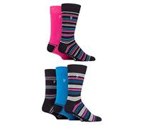 Farah Mens Bamboo Socks Plain and Patterned Striped Argyle Spotty Designs, Bright Colourful, Gift for Him, 5 Pairs - Stripe Dark Navy/Cerise 6-11