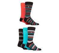 Farah Mens Bamboo Socks Plain and Patterned Striped Argyle Spotty Designs, Bright Colourful, Gift for Him, 5 Pairs - Stripe Black/Coral 6-11