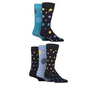 Farah Mens Bamboo Socks Plain and Patterned Striped Argyle Spotty Designs, Bright Colourful, Gift for Him, 5 Pairs - Spotty Dark Navy/Yellow/Teal 6-11