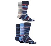 Farah Mens Bamboo Socks Plain and Patterned Striped Argyle Spotty Designs, Bright Colourful, Gift for Him, 5 Pairs - Stripe and Dots Navy/Blue 6-11