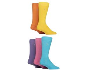 Farah Mens Bamboo Socks Plain and Patterned Striped Argyle Spotty Designs, Bright Colourful, Gift for Him, Dad, Husband 5 Pairs - Plain Yellow/Orange/Blue 6-11
