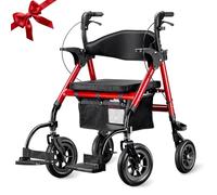 FARANI 2 in 1 Rolling Walker, 10'' Rubber Wheeled Transport Chair, Folding Walker with Padded Seat, Padded Backrest, Safety Belt and Footrest(Red) Red