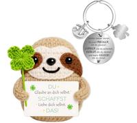 Farbeele Anti-Stress Sloth and Lucky Charm Keyring, Pocket Hug Positive Figure, Courage Gift, Get Well Soon Gift, Good Luck Charm Exam Gift (Four Leaf Clover)