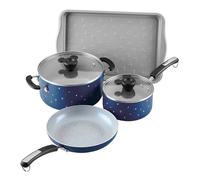 Farberware Disney Bon Voyage Ceramic Nonstick Pots and Pans Set with Baking Sheet/Cookie Pan and Disney Home Kitchen Tools, 8 Piece Non Stick Cookware Set - Blue