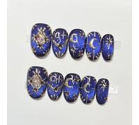 Farcauo Handmade Press on Nails 10Pcs Blue Cat Eye Fake Nails with Moon Star & Rhinestone, Reusable Stick On Nails for Women (S)
