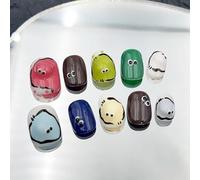 Farcauo Handmade Press on Nails 10Pcs Cute Cartoon Monster Design Fake Nails, Glossy Colorful False Nails for Women (S)