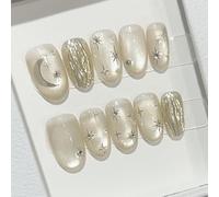 Farcauo Handmade Press on Nails 10Pcs Gold Cat Eye Fake Nails with Star Moon Design, Glossy False Nails for Women (M)
