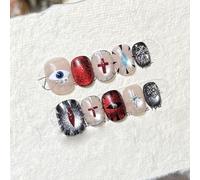 Farcauo Handmade Press on Nails 10Pcs Gothic Red Black Cat Eye Fake Nails with Eye Cross Star Design, Glossy False Nails for Women (L)
