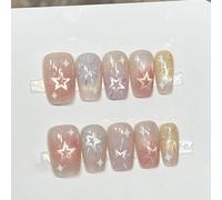 Farcauo Handmade Press on Nails 10Pcs Gradient Glitter Cat Eye Fake Nails with Star Design, Glossy False Nails for Women (S)