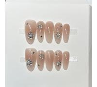 Farcauo Handmade Press on Nails 10Pcs Nude Gradient Fake Nails with Star Rhinestone, Reusable Stick On Nails for Women (M)