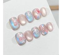 Farcauo Handmade Press on Nails 10Pcs Pink Aurora Cat Eye Fake Nails with Rose Bow Design, Glossy False Nails for Women (L)