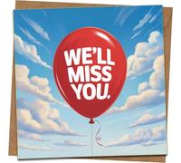 Farewell Card - We’ll Miss You Red Balloon - Leaving, Goodbye, Retirement, Coworker - 145mm x 145mm Square Greeting Card with Kraft Envelope