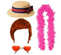 Farewell Tour Accessory Set - Straw Boater Hat, Ginger Wig, Rainbow Feather Boa and Red Heart Glasses - Adults 4-Piece Concert Pop Rock Icon Fancy Dress Accessory Set